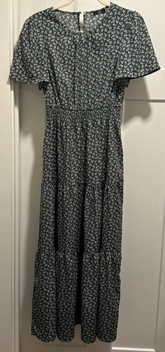 Pretty Garden Dress Women S Green Floral Maxi -Short Sleeve- Boho -Cottage